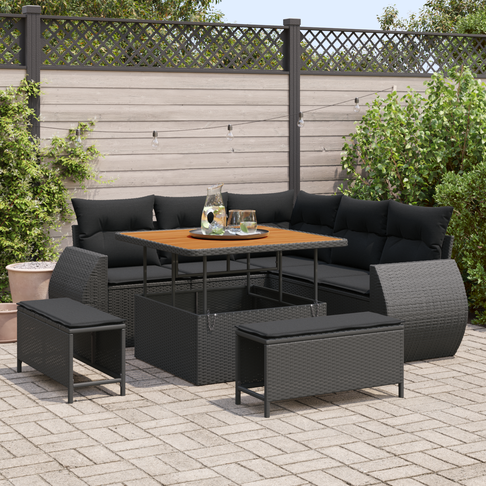 Havesofa Sæt med pude med opbevaring 8 pcs Sort polyrattan