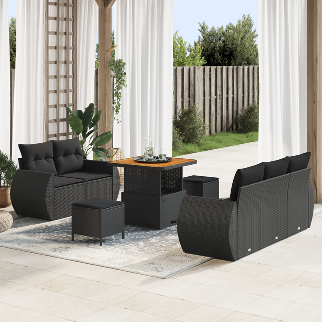 Havesofa Sæt med pude med opbevaring 8 pcs Sort polyrattan