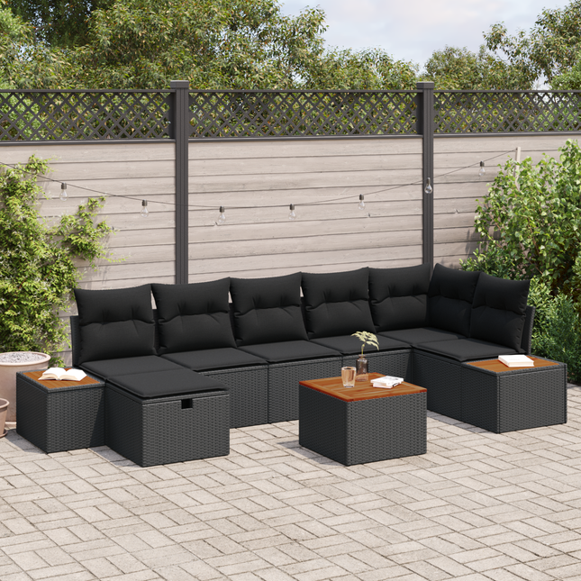 Havesofa Sæt med pude 8 pcs Sort Poly rattan