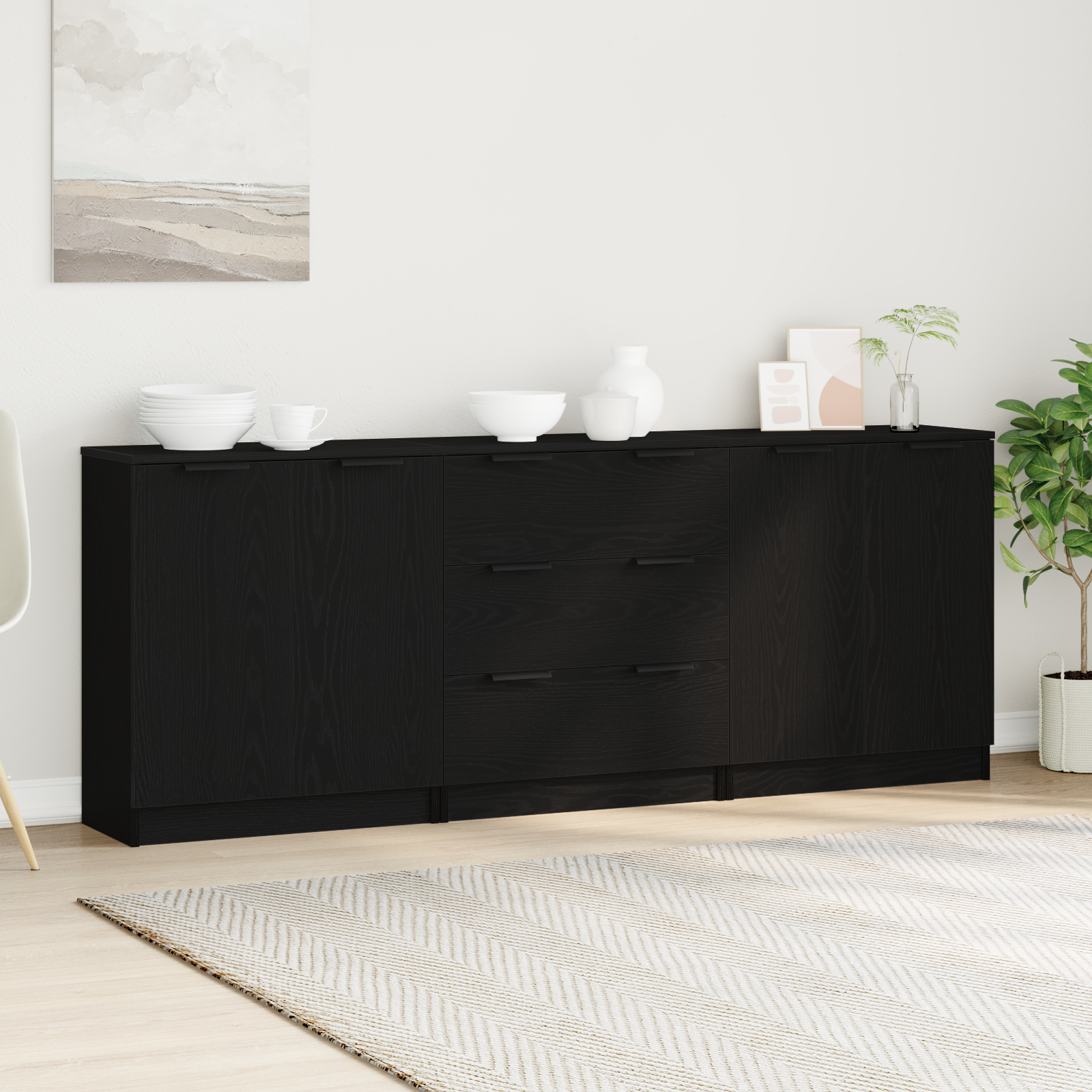 Sideboard 3 pcs Sort eg 180 x 30 x 70 cm Konstrueret træ