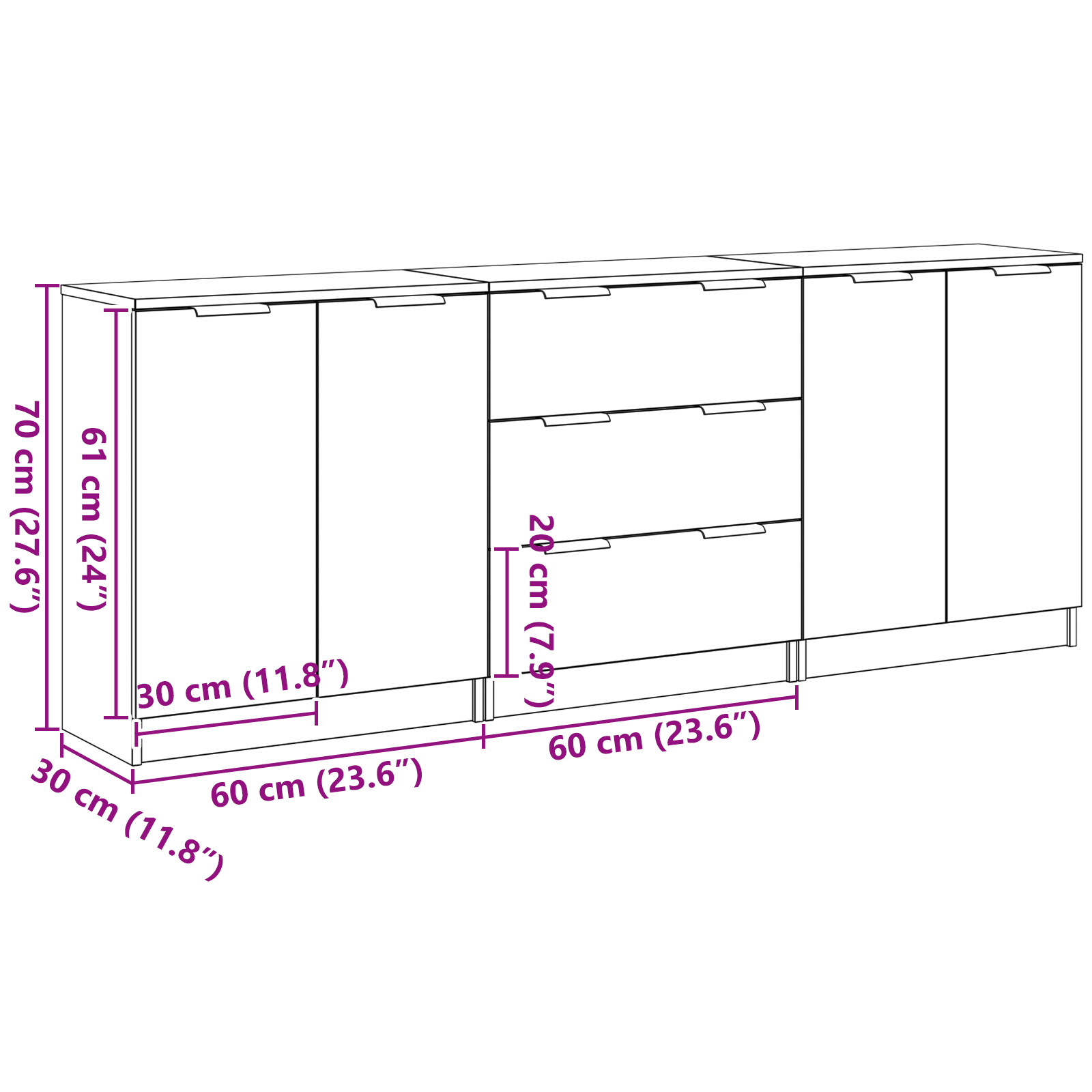 Sideboard 3 pcs Sort eg 180 x 30 x 70 cm Konstrueret træ