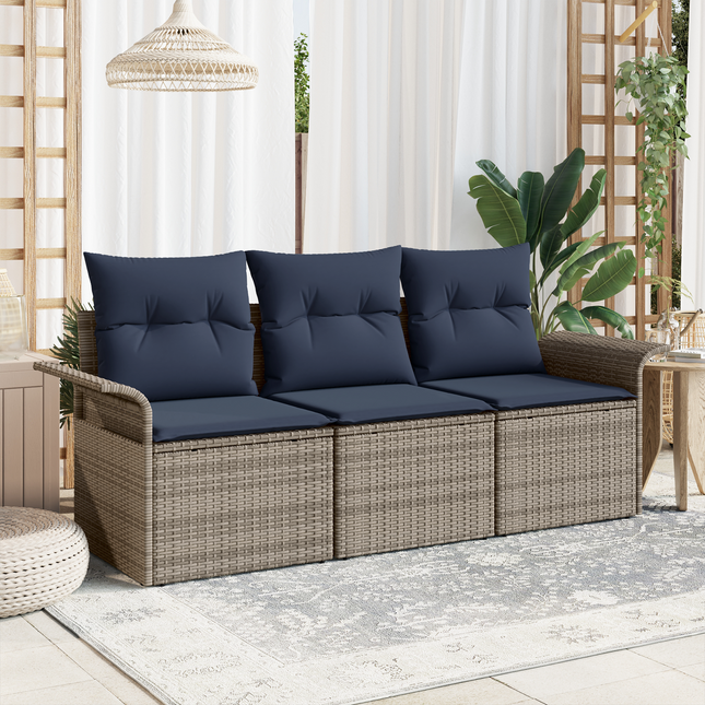 Sofa Sæt med pude 3 pcs Grå og Marineblå polyrattan