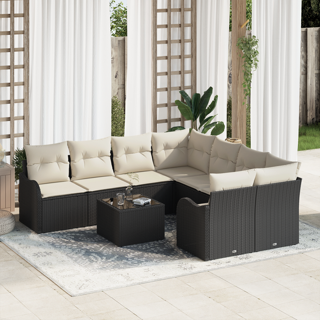 Havesofa Sæt med pude med opbevaring 9 pcs Sort polyrattan