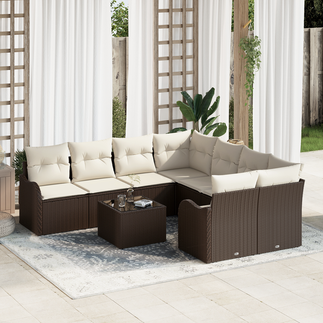 Havesofa Sæt med pude med opbevaring 9 pcs Brun polyrattan