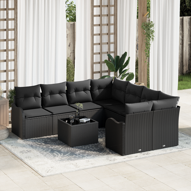 Havesofa Sæt med pude med opbevaring 9 pcs Sort polyrattan