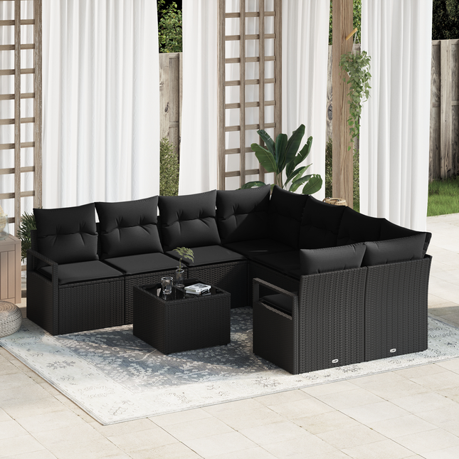 Sofa Sæt med pude 9 pcs Sort polyrattan