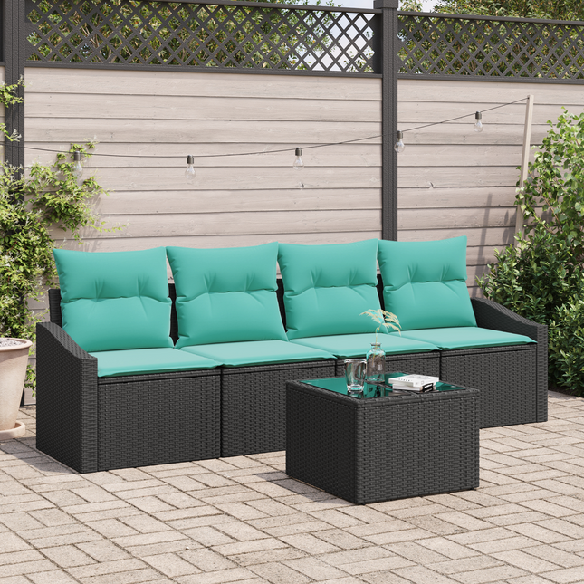 Sofa Sæt med pude med pude 5 pcs Sort og Turkis polyrattan
