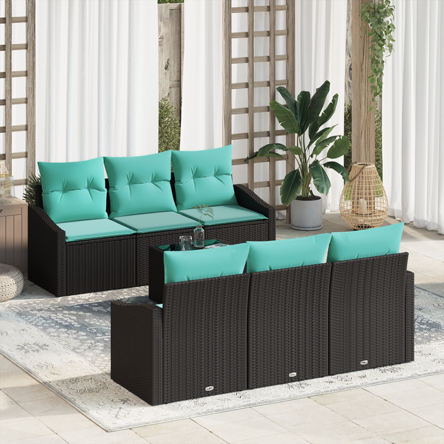 Sofa Sæt med pude med pude 7 pcs Sort og Turkis polyrattan