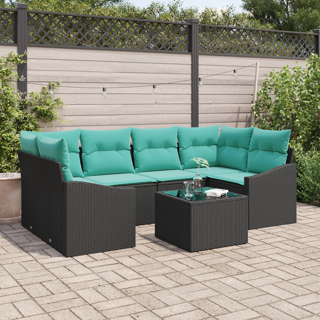 Sofa Sæt med pude med pude 7 pcs Sort og Turkis polyrattan