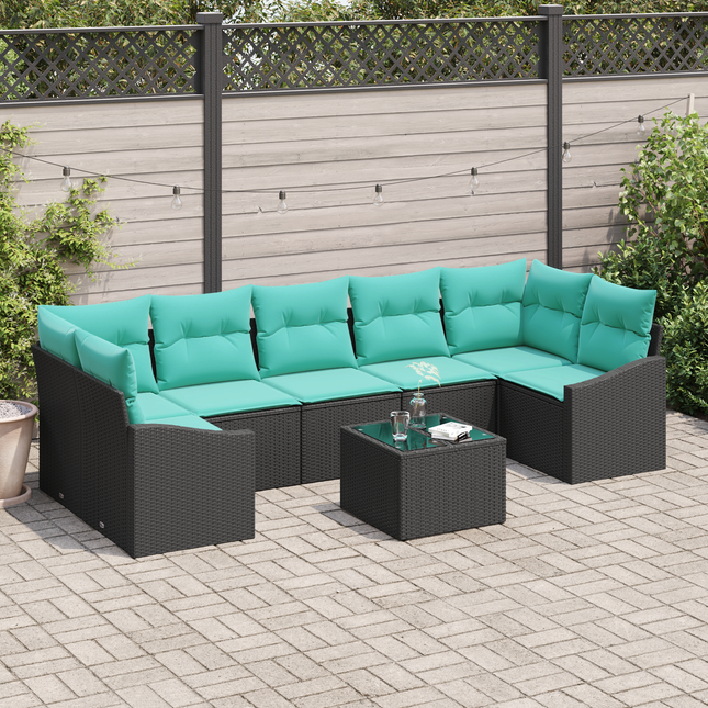 Sofa Sæt med pude med pude 8 pcs Sort og Turkis polyrattan
