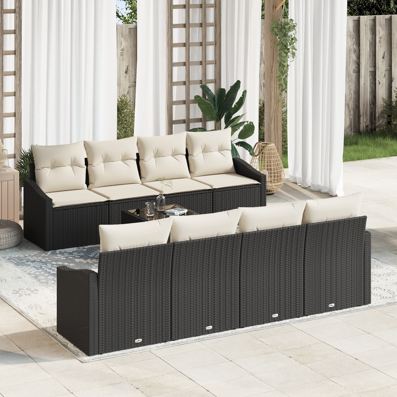 Sofa Sæt med pude med pude 9 pcs Sort og Cream polyrattan