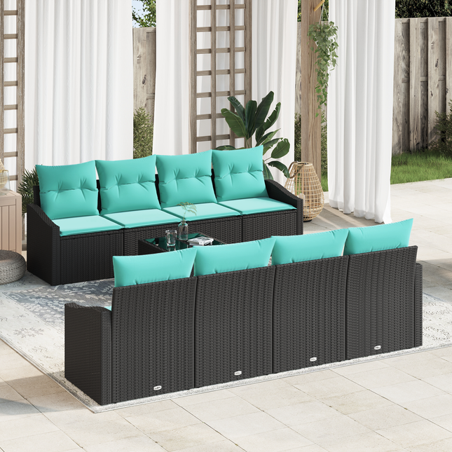 Sofa Sæt med pude med pude 9 pcs Sort og Turkis polyrattan