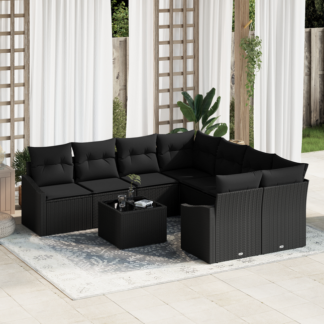 Sofa Sæt med pude med pude 9 pcs Sort polyrattan