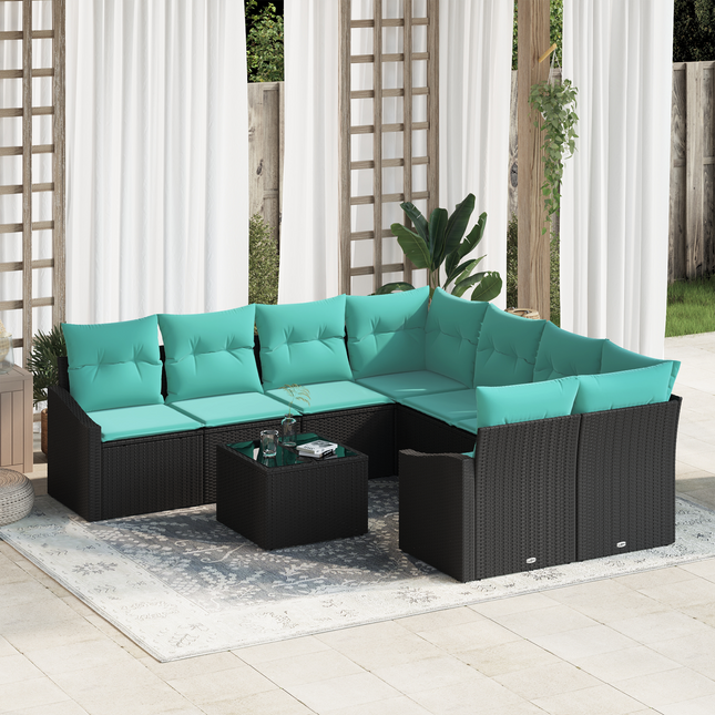 Sofa Sæt med pude med pude 9 pcs Sort og Turkis polyrattan