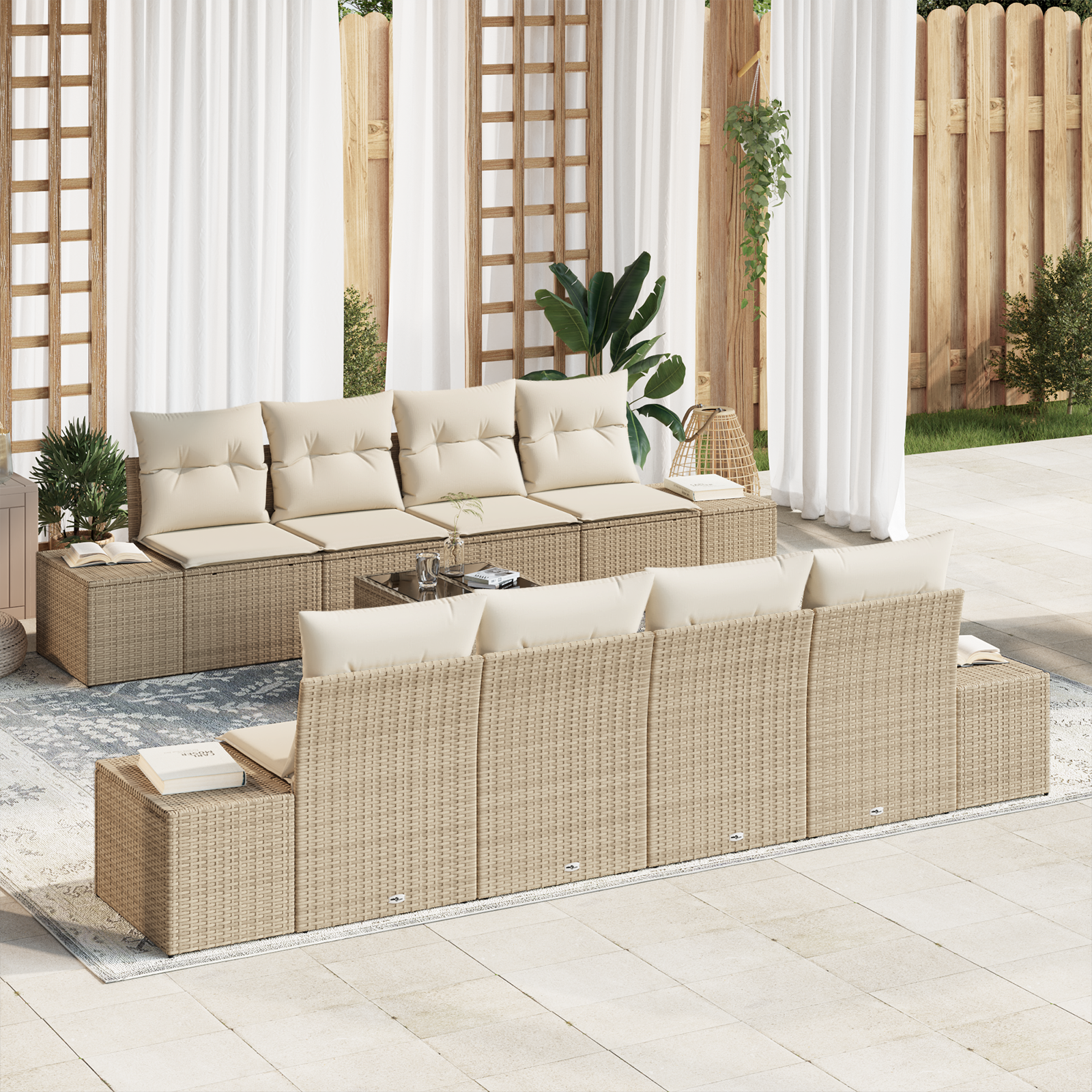 Havesofa Sæt med pude 7 pcs Beige og creme polyrattan