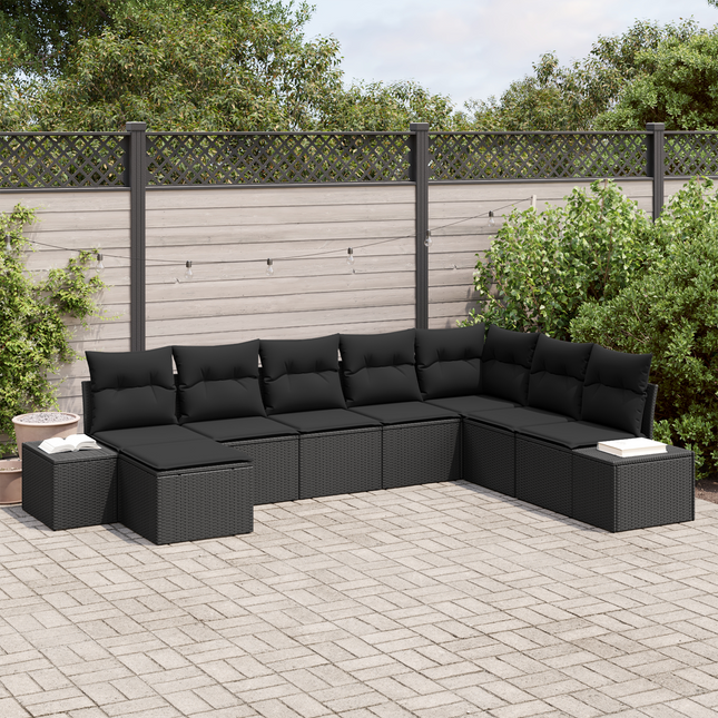 Havesofa Sæt med pude 8 pcs Sort polyrattan