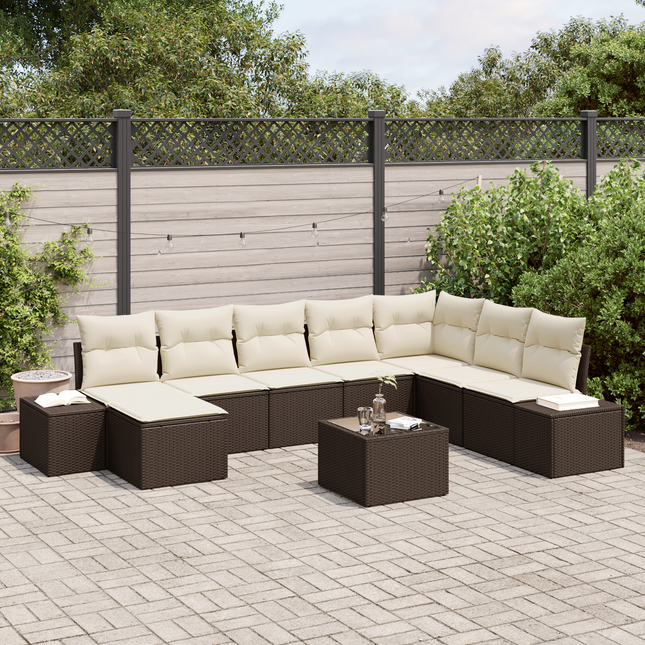Havesofa Sæt med pude 9 pcs Brun polyrattan