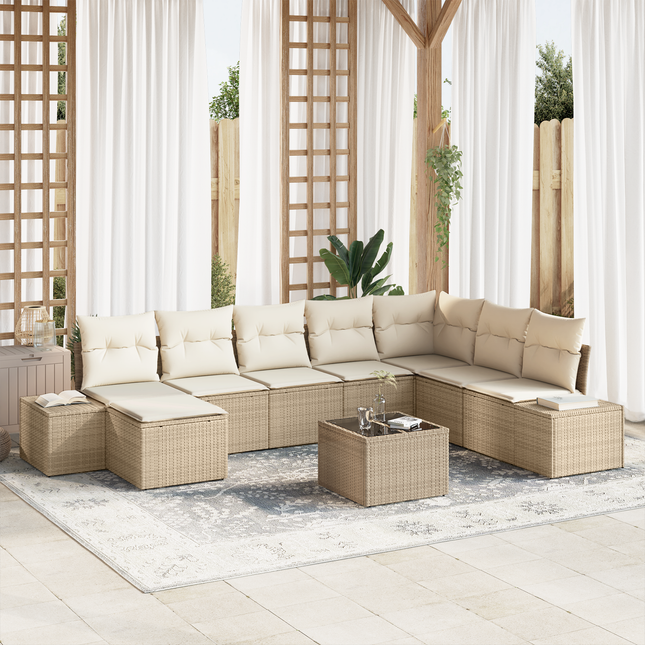 Havesofa Sæt med pude 9 pcs Beige polyrattan