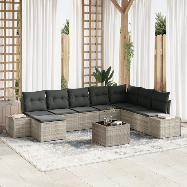 Havesofa Sæt med pude 9 pcs Lysegrå polyrattan