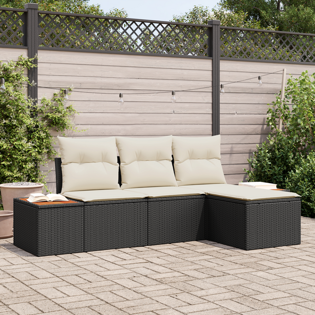 Havesofa Sæt med pude med pude 4 pcs Sort polyrattan