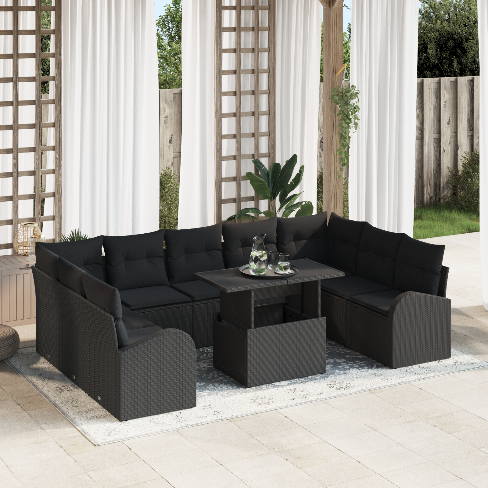 Havesofa Sæt med opbevaring med pude 10 pcs Sort polyrattan