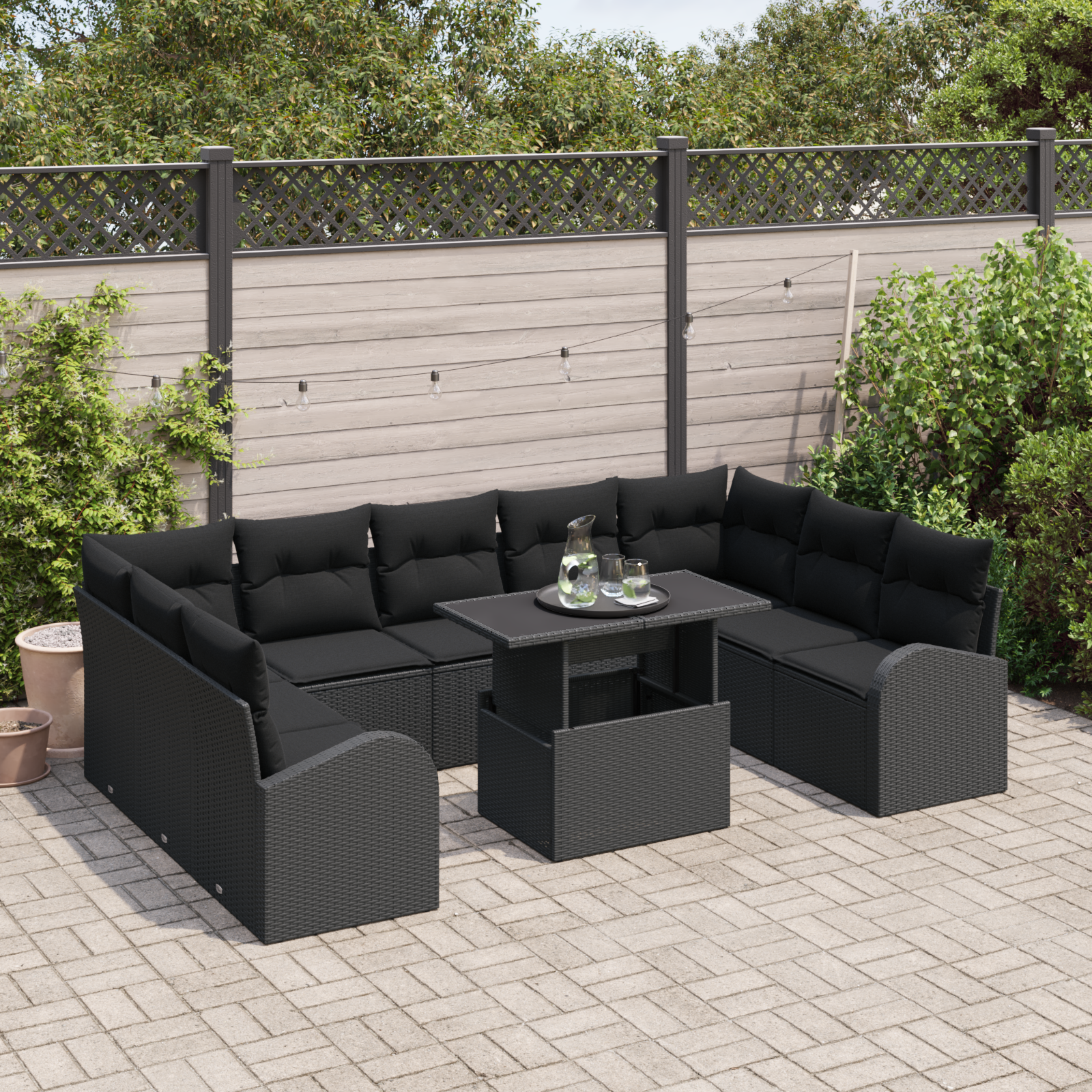 Havesofa Sæt med opbevaring med pude 10 pcs Sort polyrattan