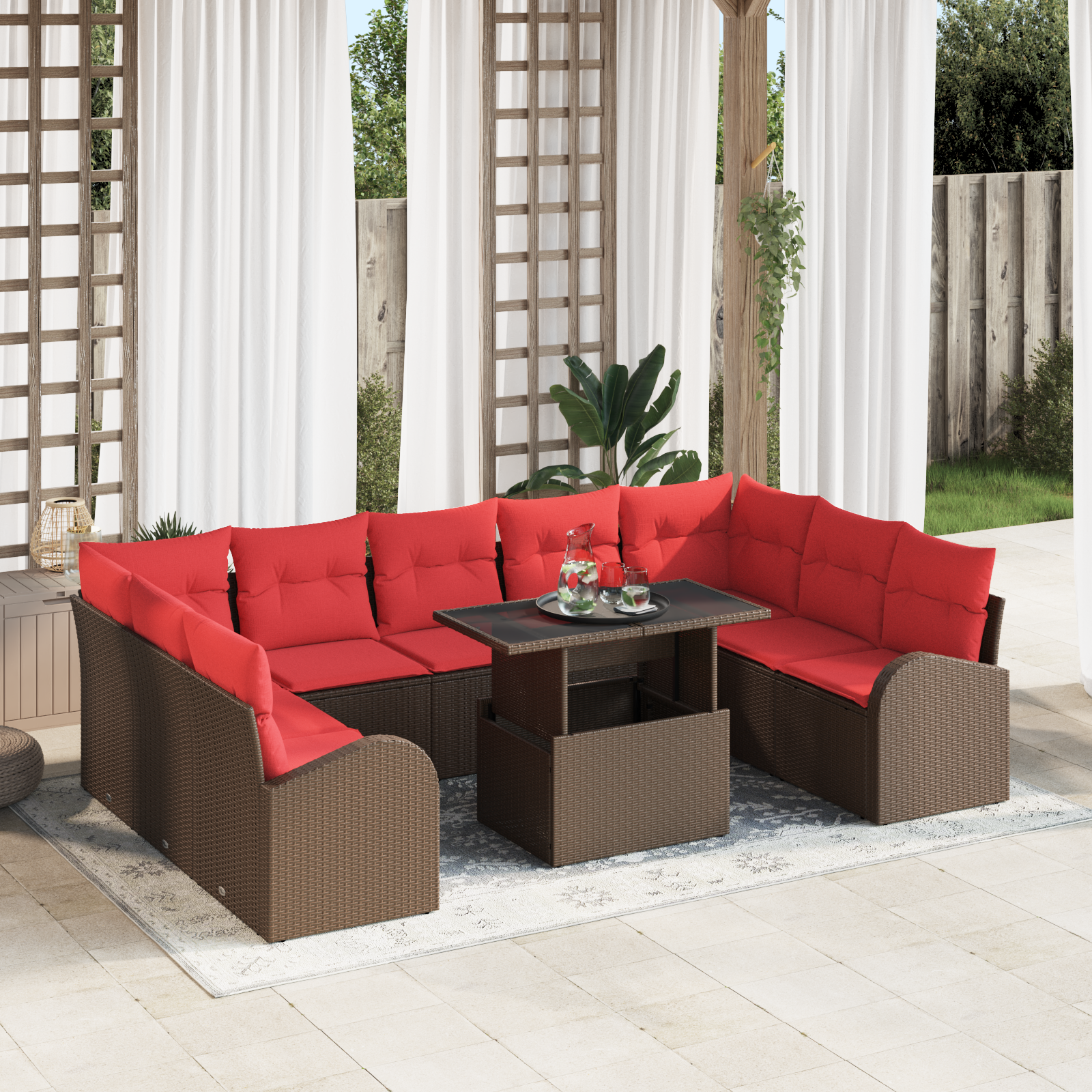 Havesofa Sæt med opbevaring med pude 10 pcs Brun polyrattan