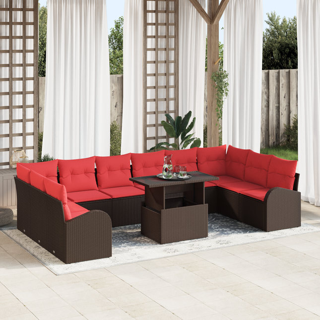 Havesofa Sæt med opbevaring med pude 11 pcs Brun polyrattan
