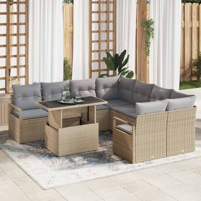 Havesofa Sæt med pude 9 pcs Beige og lys grå polyrattan