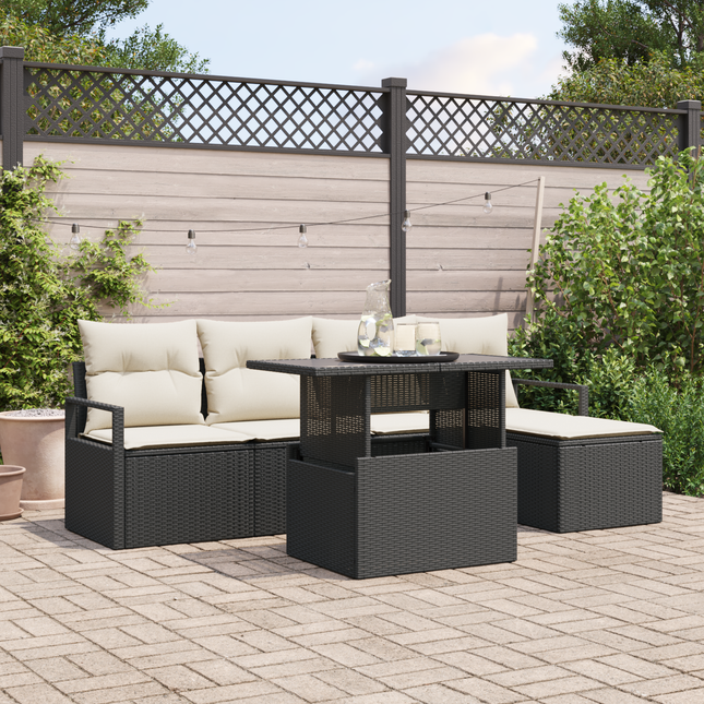 Havesofa Sæt med opbevaring 6 pcs Sort og Cream polyrattan