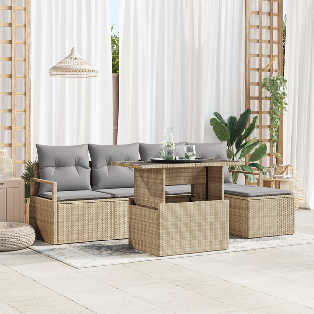 Havesofa Sæt med pude 6 pcs beige og lysegrå polyrattan