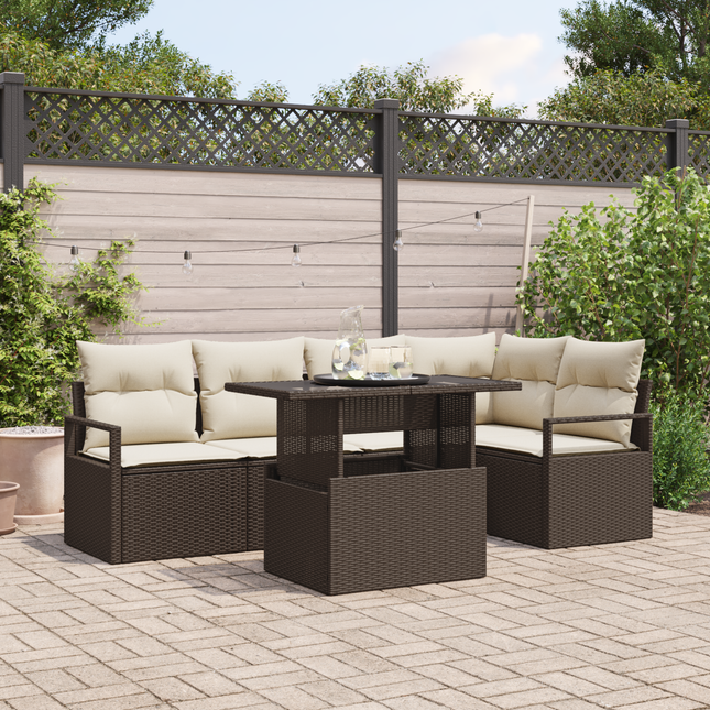 Havesofa Sæt med pude 6 pcs Brun og cremefarvet polyrattan