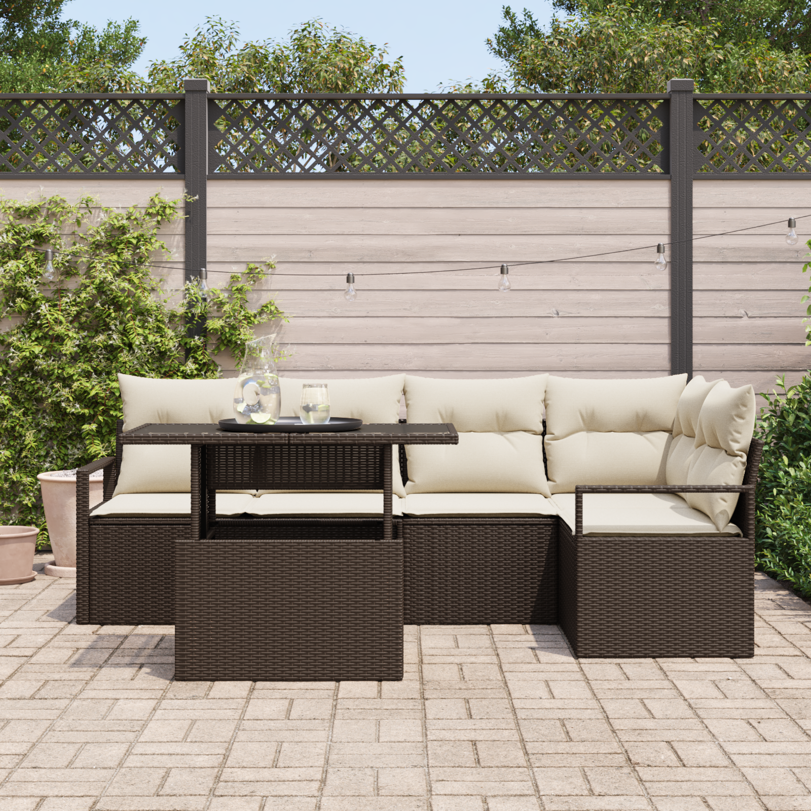 Havesofa Sæt med pude 6 pcs Brun og cremefarvet polyrattan