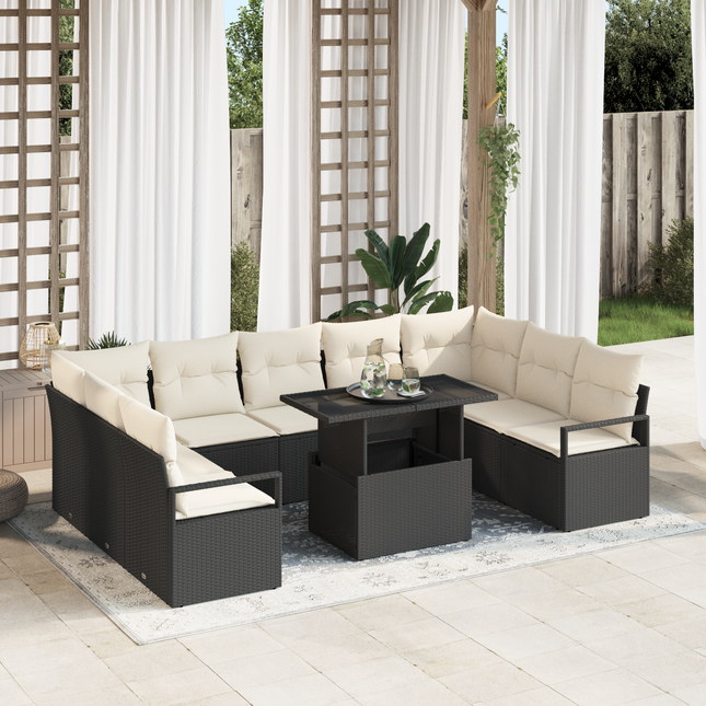 Havesofa Sæt med pude 10 pcs Sort og cremefarvet polyrattan
