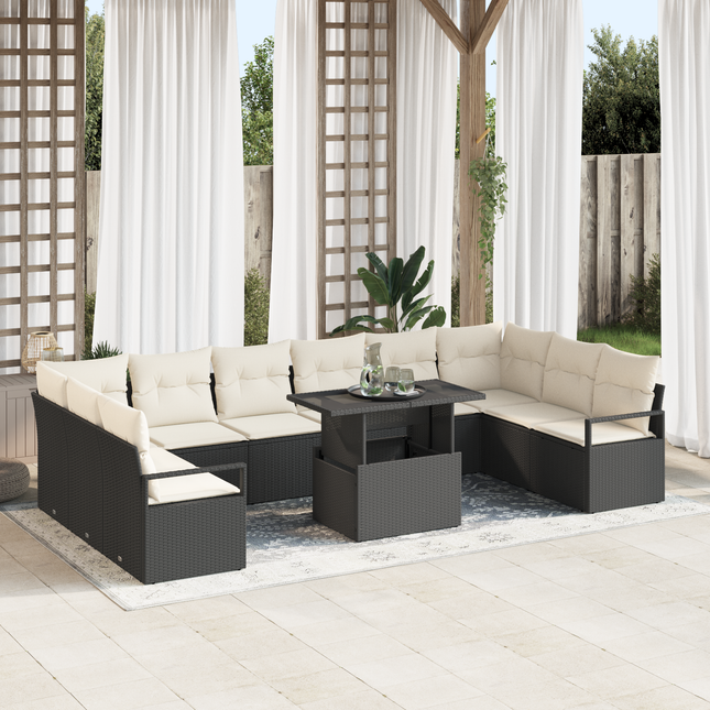 Havesofa Sæt med pude 11 pcs Sort og cremefarvet polyrattan