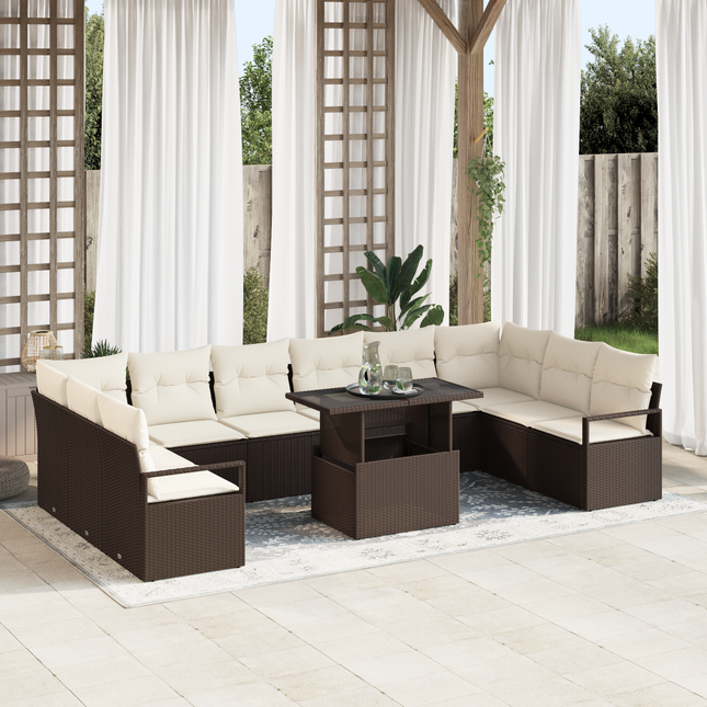 Havesofa Sæt med pude 11 pcs Brun og Creme polyrattan