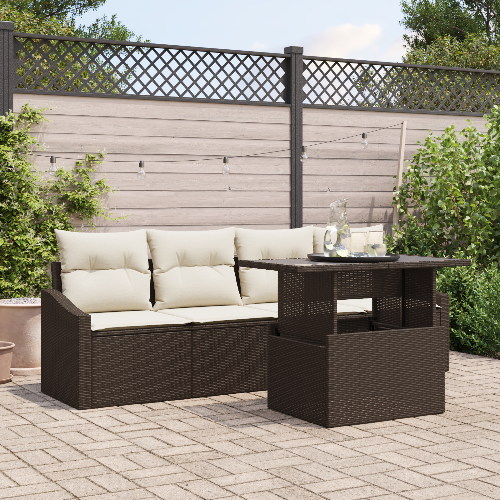 Havesofa Sæt med pude 5 pcs Brun og Creme polyrattan