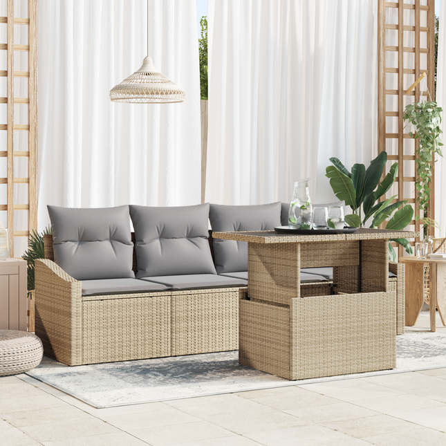 Havesofa Sæt med pude 5 pcs beige og lysegrå polyrattan