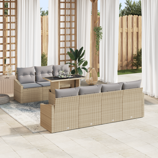Havesofa Sæt med pude 8 pcs Beige og lys grå polyrattan
