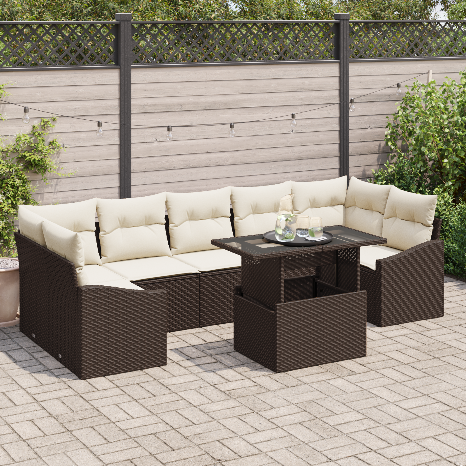 Havesofa Sæt med pude 8 pcs Brun og cremefarvet polyrattan