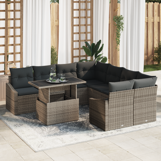 Havesofa Sæt med pude 9 pcs Grå polyrattan