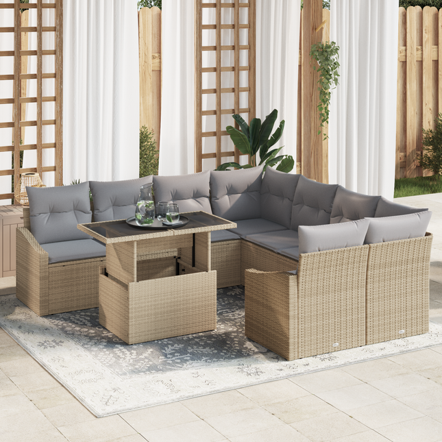 Havesofa Sæt med pude 9 pcs Beige og lys grå polyrattan