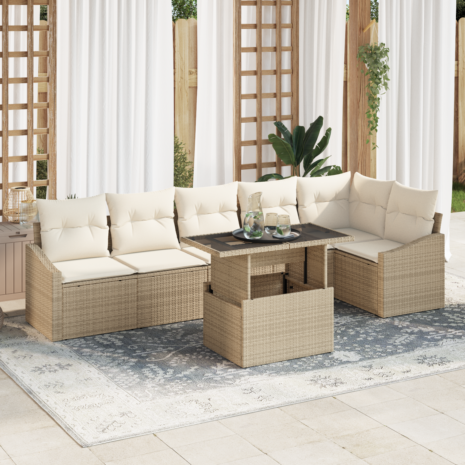 Havesofa Sæt med pude 7 pcs Beige og creme polyrattan