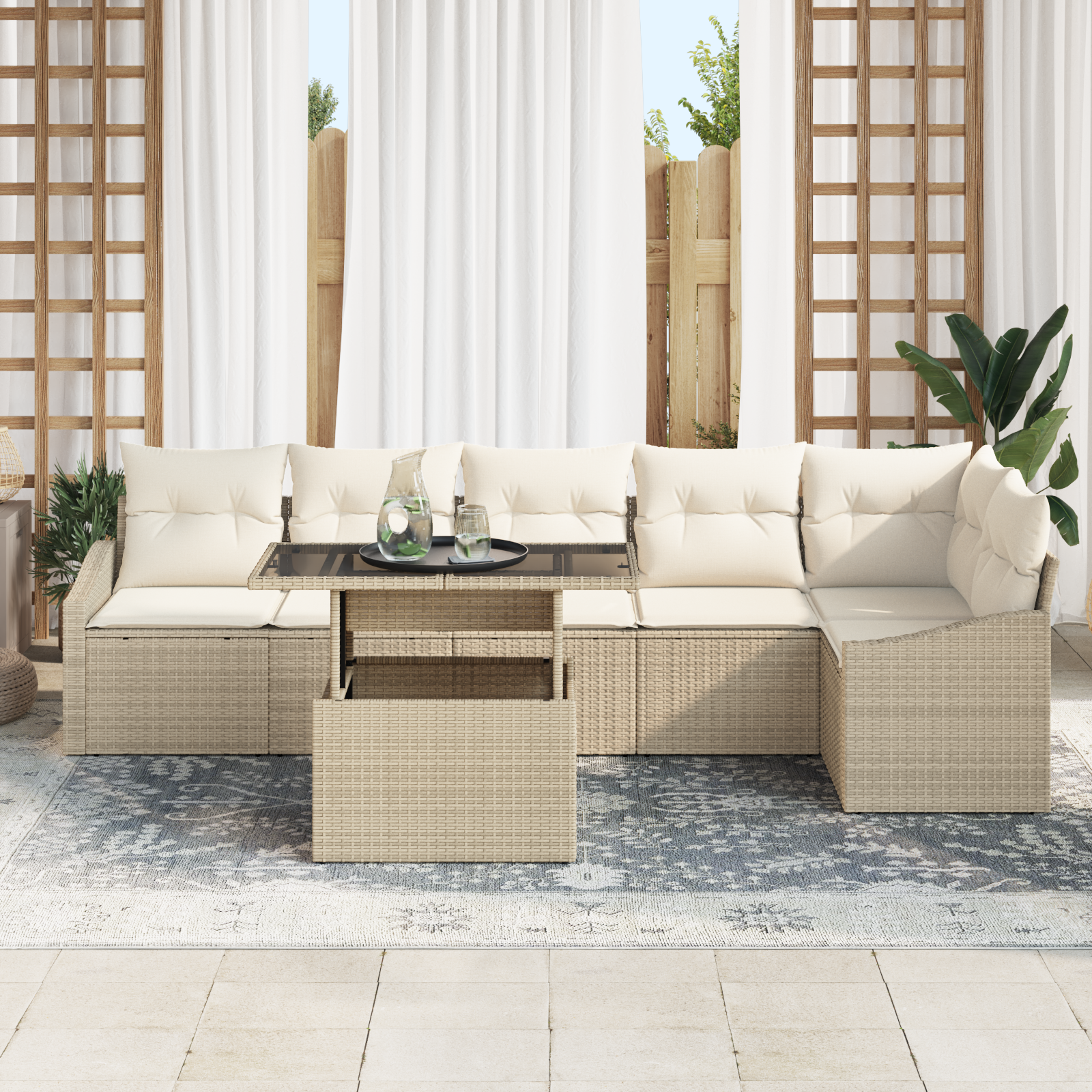 Havesofa Sæt med pude 7 pcs Beige og creme polyrattan