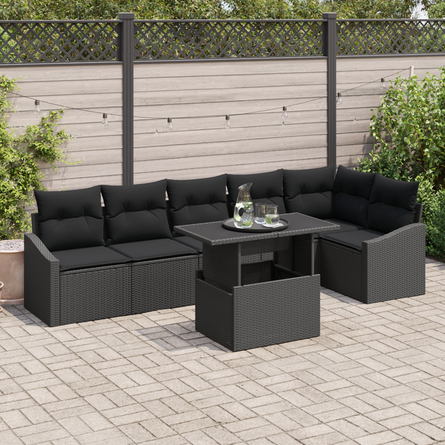 Havesofa Sæt med pude med opbevaring 7 pcs Sort polyrattan