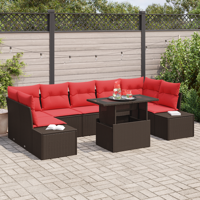 Havesofa Sæt med pude 8 pcs Brun og Rød polyrattan