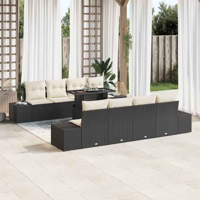 Havesofa Sæt med pude 9 pcs Sort og Cream polyrattan