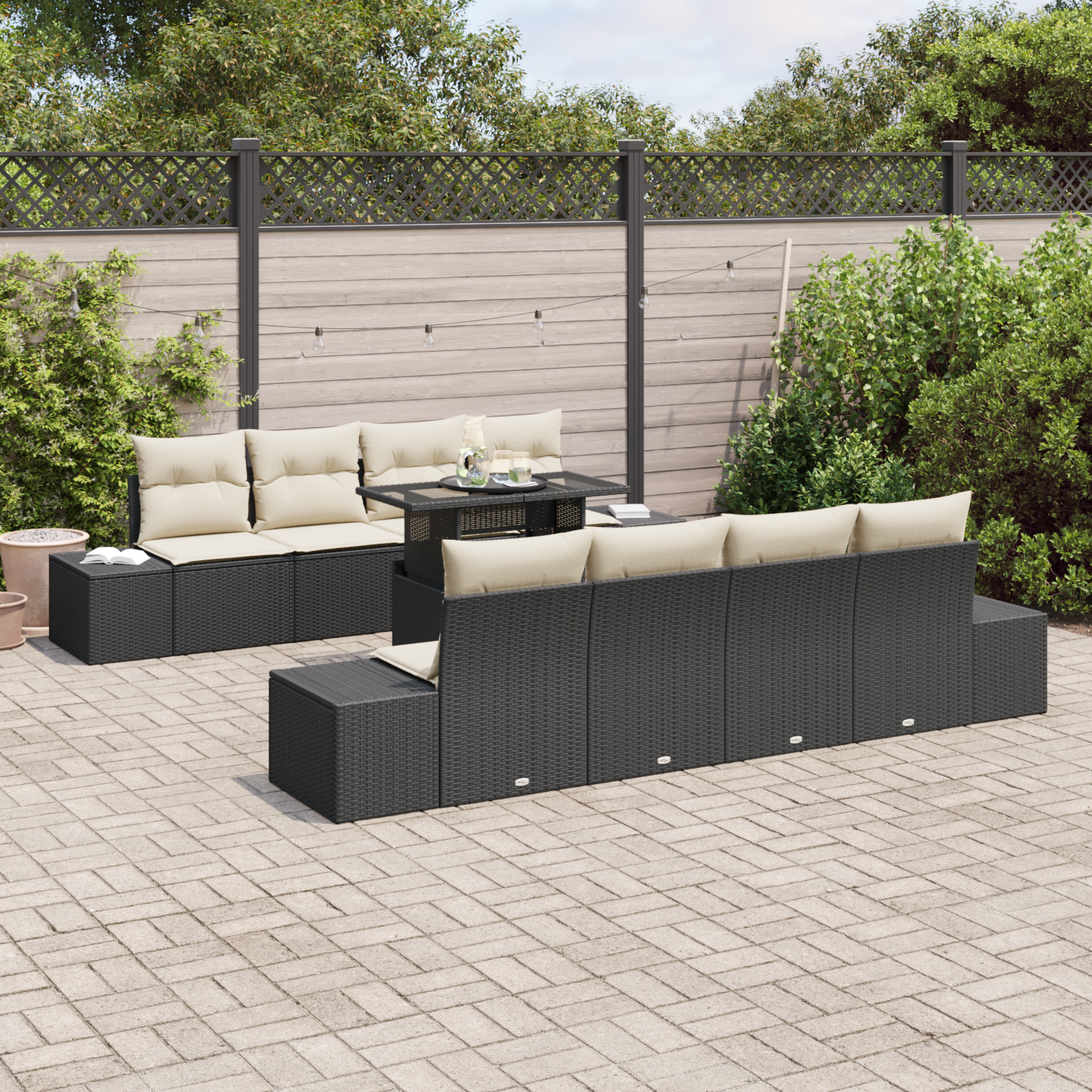 Havesofa Sæt med pude 9 pcs Sort og Cream polyrattan