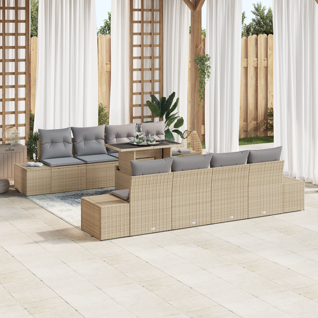 Havesofa Sæt med pude 9 pcs Beige og lys grå polyrattan