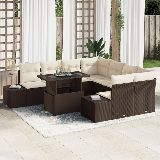 Havesofa Sæt med pude 9 pcs Brun og Creme polyrattan